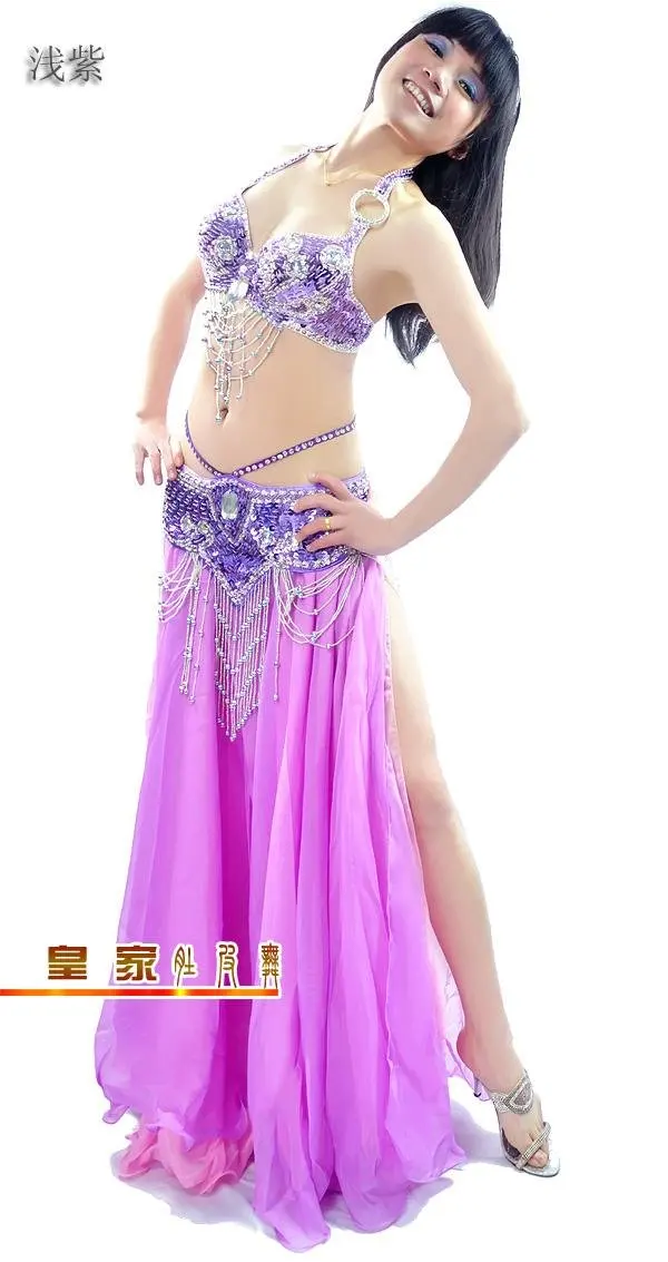 Высококачественный костюм для танца живота, комплект из 2 предметов: бюстгальтер и пояс, размер бюстгальтера: 34B/C, 36B/C, 38B/C, 40B/C, 12 цветов - Цвет: Light purple