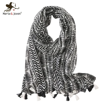

Marte&Joven Vintage White Black Striped Ptint Scarf for Women with Tassel Elegant Spring Winter Warm Shawl Pashmina Female Hijab