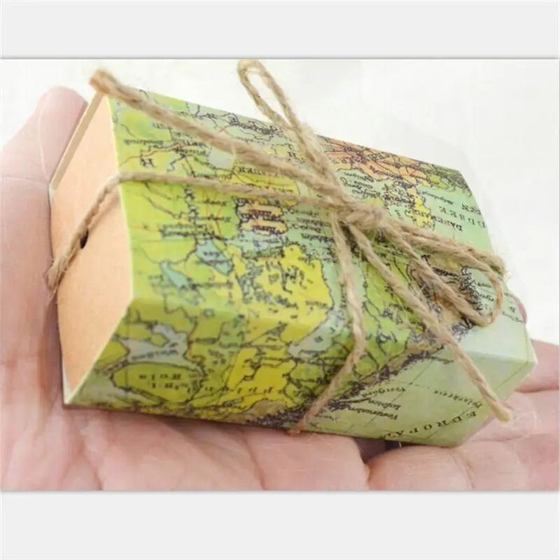 

100Pcs/lot Casamento World Map Wedding Favors Boxes Wedding Candy Box with jute tie Gifts Event & Party Decoration