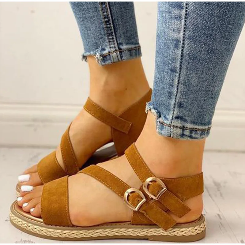 

TANGNES Women Flat Sandals Flock Buckle Strap Shoes Gladiator Hemp Platform Open Toe Fashion Ladies Casual Footwear XWZ6096