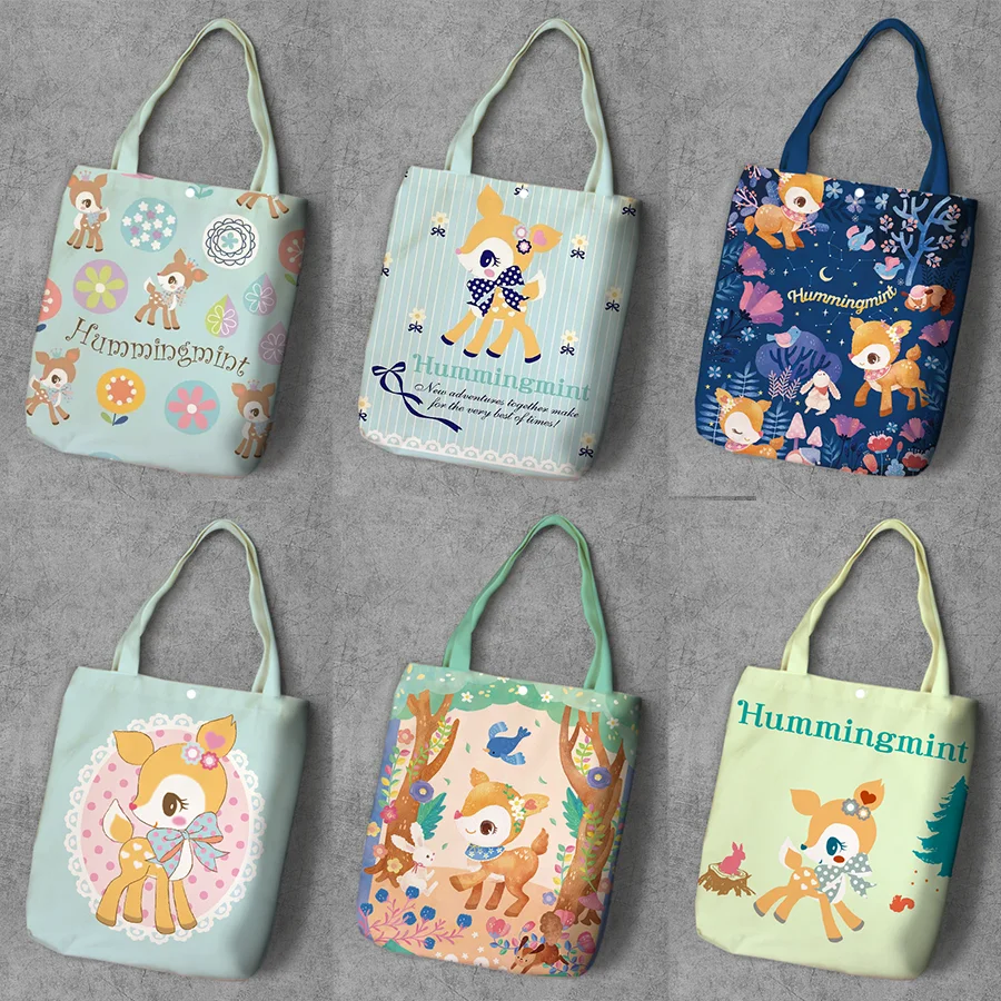 

Humming mint Deer Cartoon Student Printed Canvas Shopping BackpackLarge Capacity Tote Fashion Ladies Casual Shoulder Bags