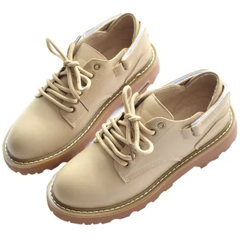 

Autumn New Genuine Leather Single Shoes Female Harajuku Style British Retro Flat Shoes Round Head Lacing Student Martin Shoes