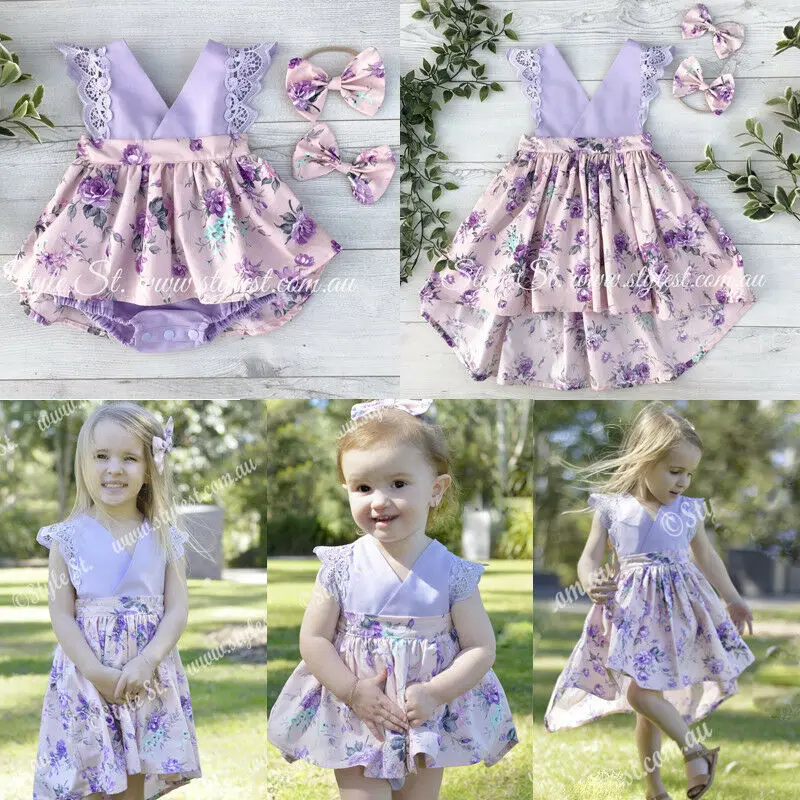 

V-Neck Sister Matching Kids Baby Girls Lace Flower Big Little Sister Dress Outfits Clothes 2PCS Hairband + Print Girl Princess