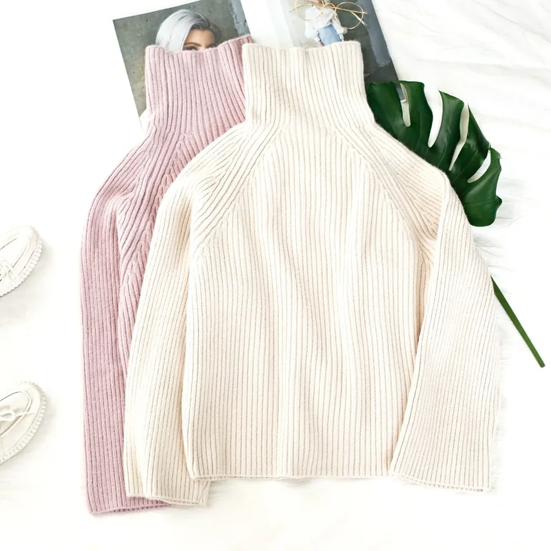 Chunky High Neck Oversize Sweater Winter Jumper Thick High Neck Knitted Wide Sweaters Women 