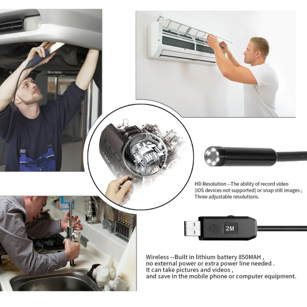 Водонепроницаемый USB эндоскоп с 6 светодиодами 2 м 7 мм|usb waterproof endoscope|snake inspection