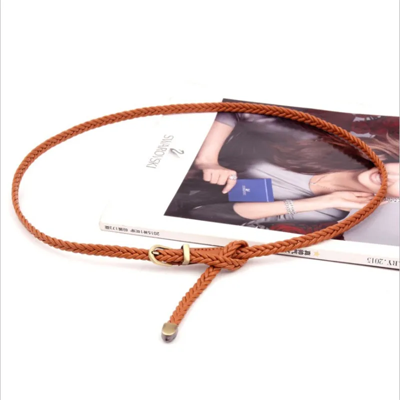 

Braided Thin Belt 2018 New Summer Beach Pink Green Blue White Tan Belts for Girls Dress Narrow Strap Waistband