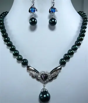 

High-quality for women newjewelry New Design Black Pearl Necklace &Shell/gem Pendant necklace Earring Set style Fine real