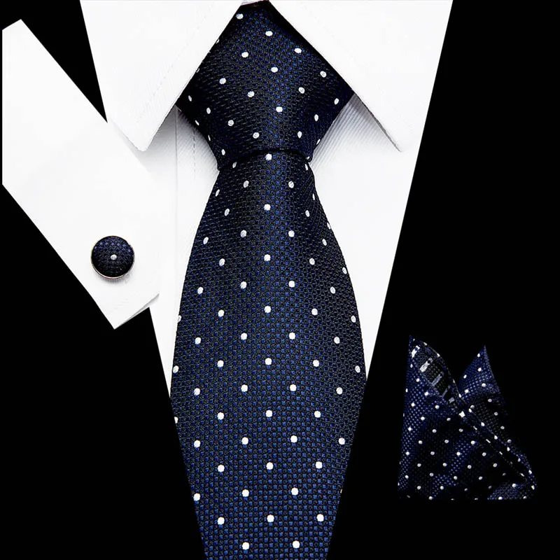 

Fashion Polka dot men ties set Extra Long Size 145cm*7.5cm Necktie dark blue Silk Jacquard Woven Neck Tie Suit Wedding Party
