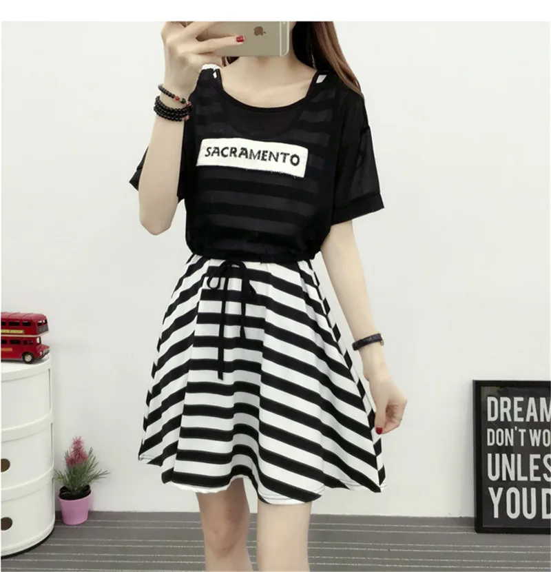 Fashion 2 Pieces Dress 2019 Women Striped Summer School Dress With Cappa Casual Dresses Teenage Girl Clothes Vestidos De Fiesta (11)