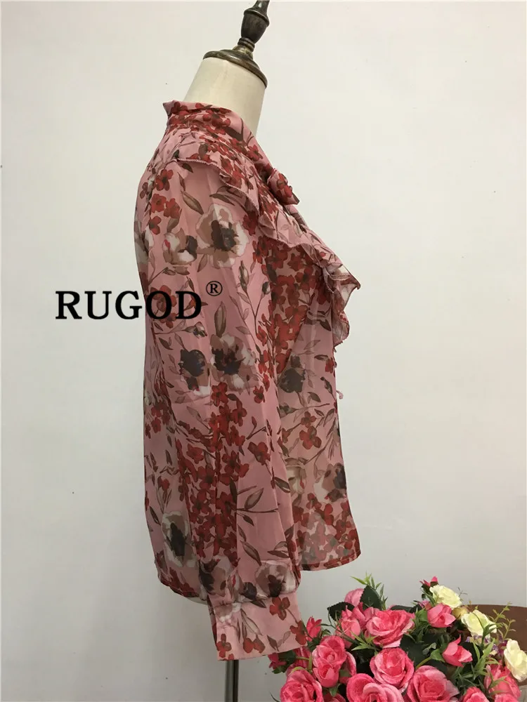 RUGOD лук блуза цветочный принт Женская мода фонарь рукав шифон леди офисная одежда элегантные женские рубашки корейский dames kleding