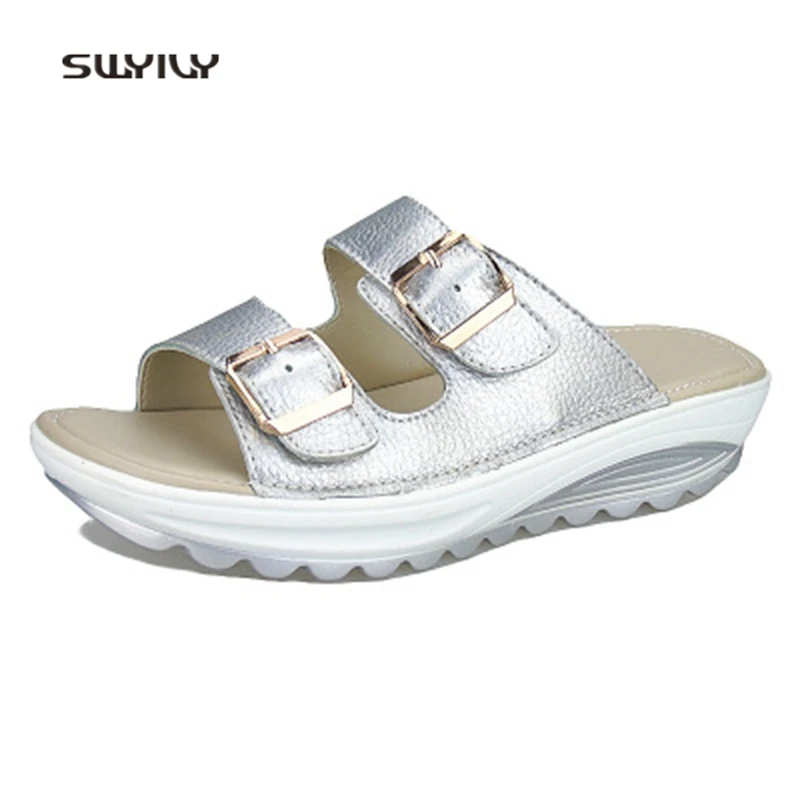 

SWYIVY Women Slimming Sippers Genuine Leather Platform Swing Shoes 2018 Summer Large Size42 Muffin Soft Heel Female Swing Shoes