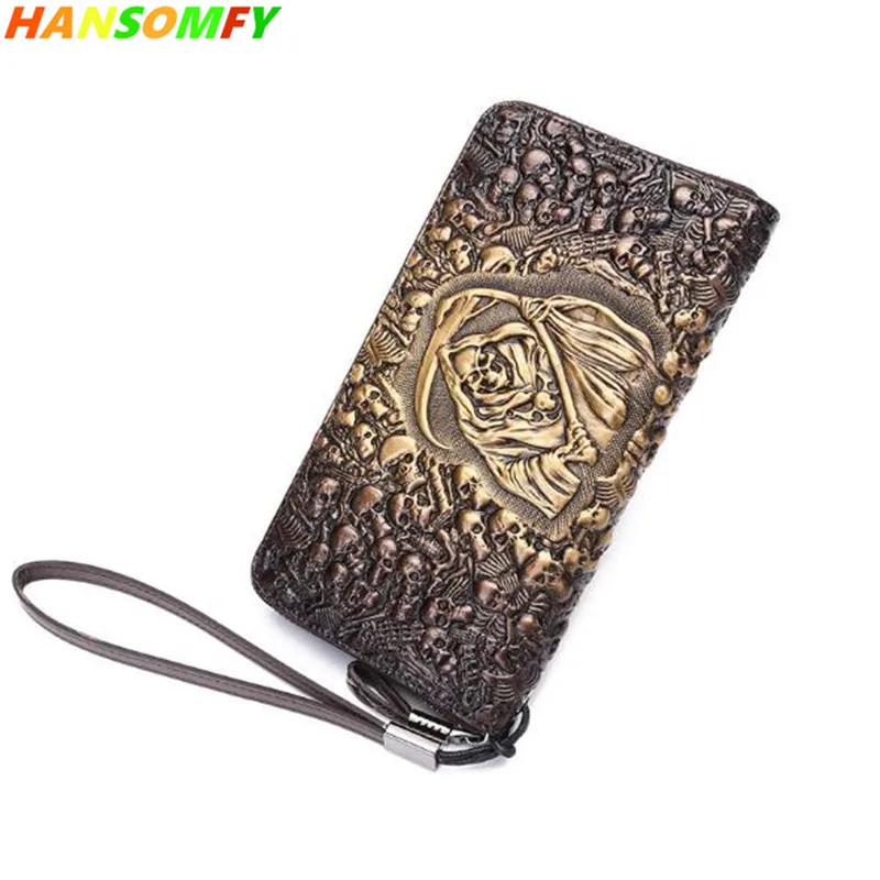 

2018 New Skull men's long zipper wallet first layer leather large capacity card purse men fashion vintage wallets