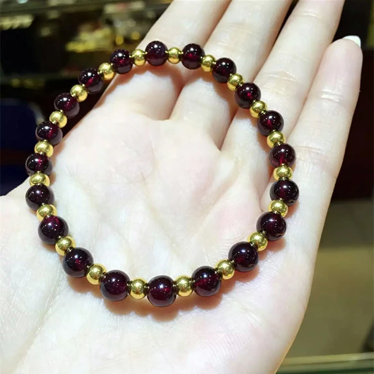 

Pure 24K Yellow Gold Bracelet Lucky Garnet Weave With Bead Bracelet
