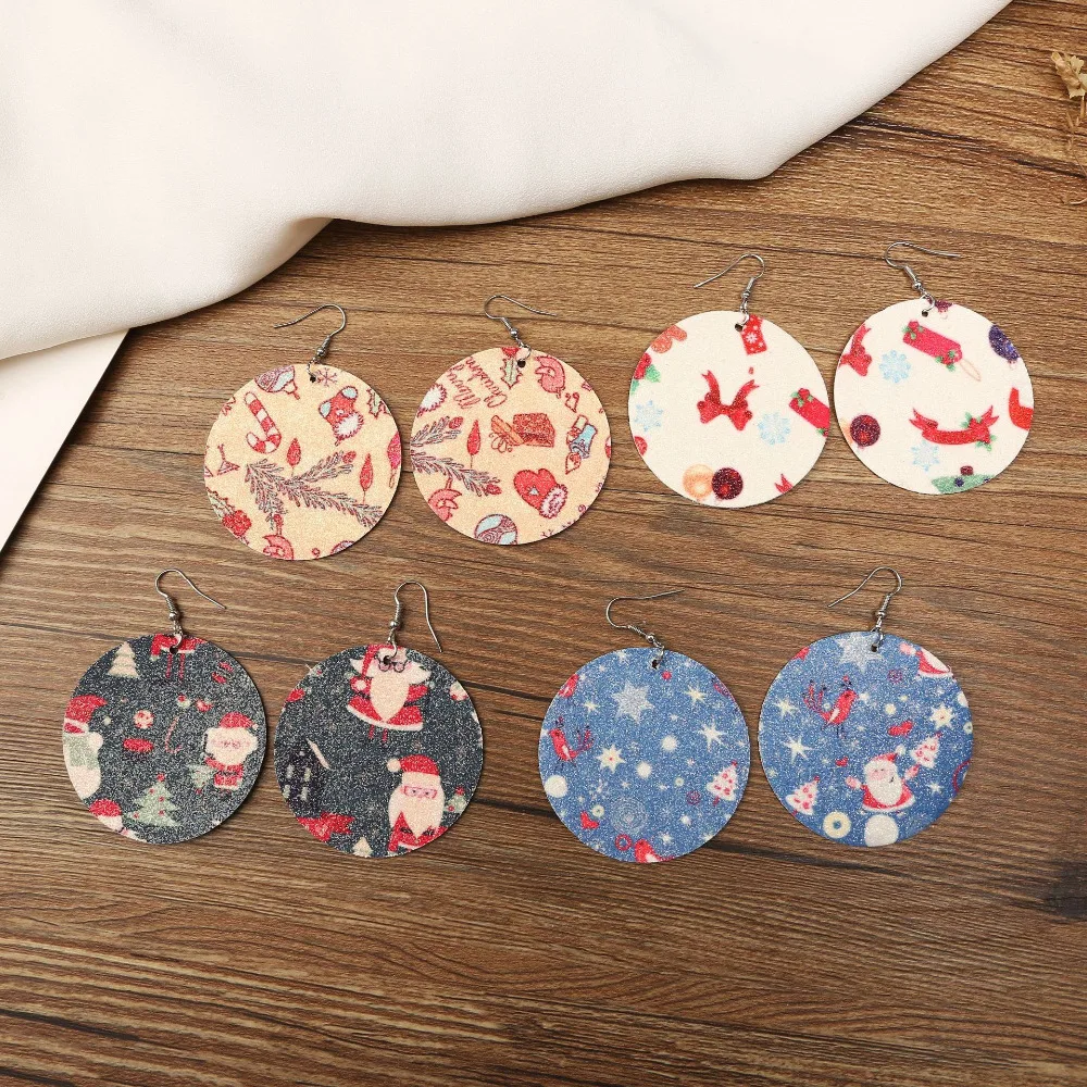 

8Seasons New Fashion Christmas Geometric Round Double-Sided Pattern Printing PU Leather Drop Earrings Jewelry Diameter 5.5cm