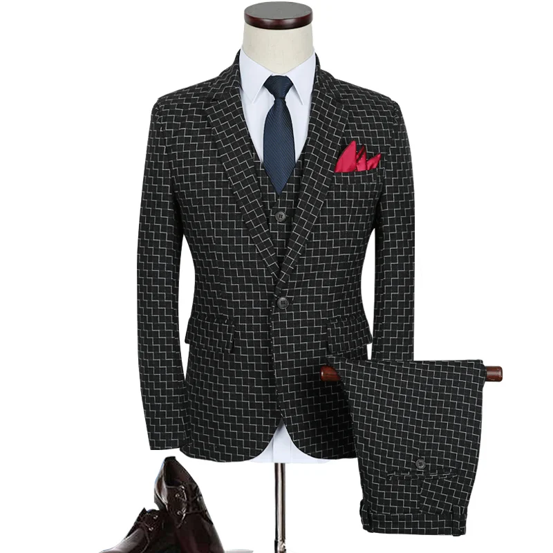 Plaid Suit Men 2018 Brand Slim Fit Wedding Suits For Men Autumn M-5XL Plus Size Black Blue Mens jacket+pants+vest 3 Piece Suits