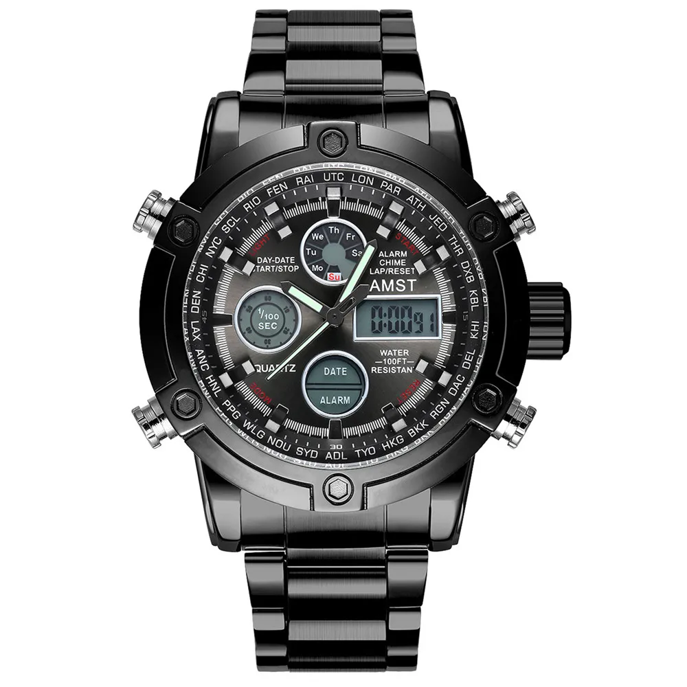 Full black Мужские модные спортивные военные наручные часы новые AMST часы мужские люксовый бренд 5ATM 50 м светодиодный цифровой аналоговый кварцевые часы - Цвет: Full black