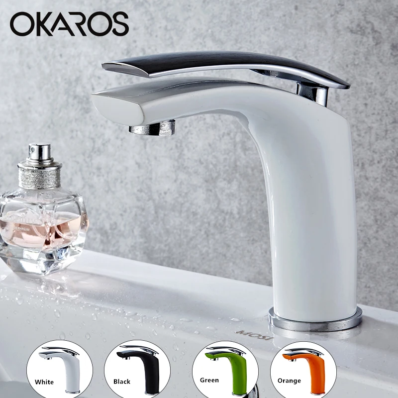 Kaufen OKAROS Waschbecken Wasserhahn Wasserhahn Bad Wasserhahn Solide Weiß Schwarz Rot Messing Chrom Gold Finish Single Griff Wasser Waschbecken Tap mixer
