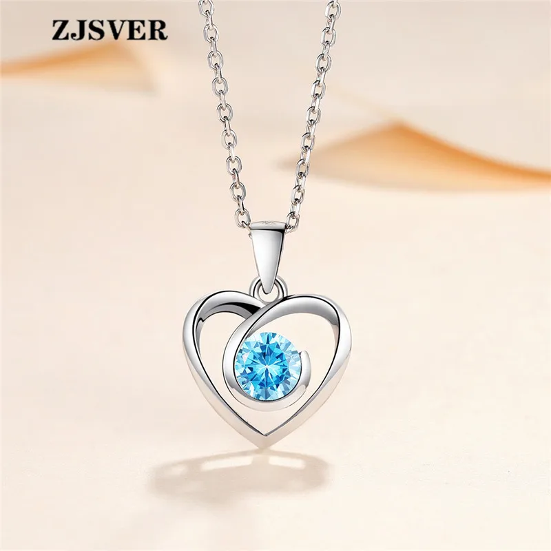 

ZJSVER Fine Jewelry 925 Sterling Silver Necklace Heart Shape Pendant With Blue Crystal Fashion Silver Chain Women Necklace