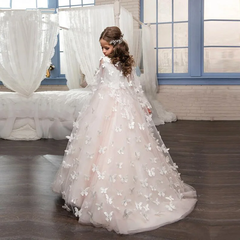 

Butterfly Pink Flower Girl Dresses Evening Dress First Communion Dresses For Girls Pageant Gowns
