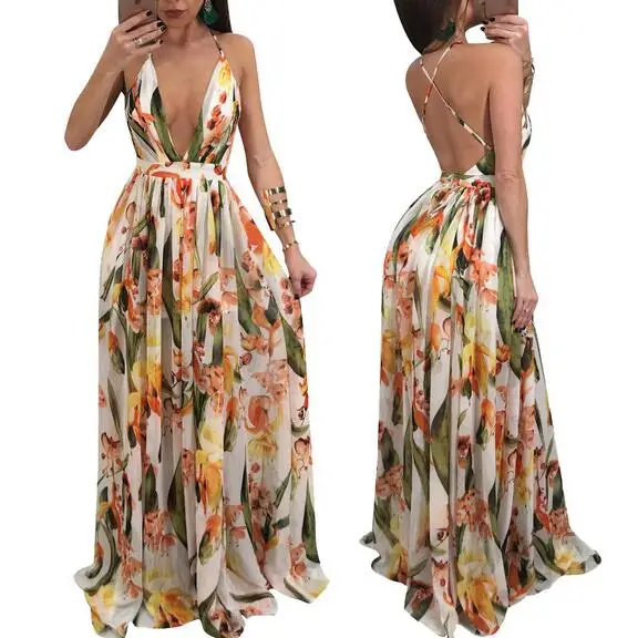 

Boho Deep V Neck Backless Long Dress Women Chiffon Lace Up Summer Print Dress Sleeveless Maxi Dress WF471