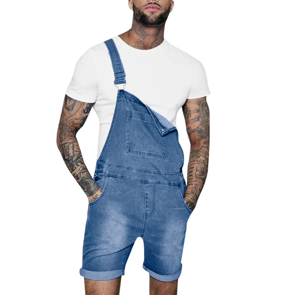 

Men's Jeans Overall Casual Jumpsuit Pant Button Denim Jean Men Wash Broken Pocket Trousers Suspender Pants Handsome