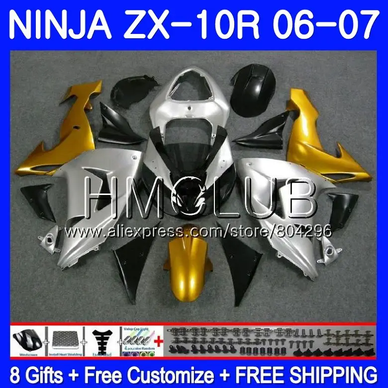 

Bodywork For KAWASAKI NINJA ZX1000C ZX10R 06 07 23HM.14 ZX1000 C ZX 10 R ZX-10R 06 07 ZX 10R 2006 2007 Fairing Gold silver kit