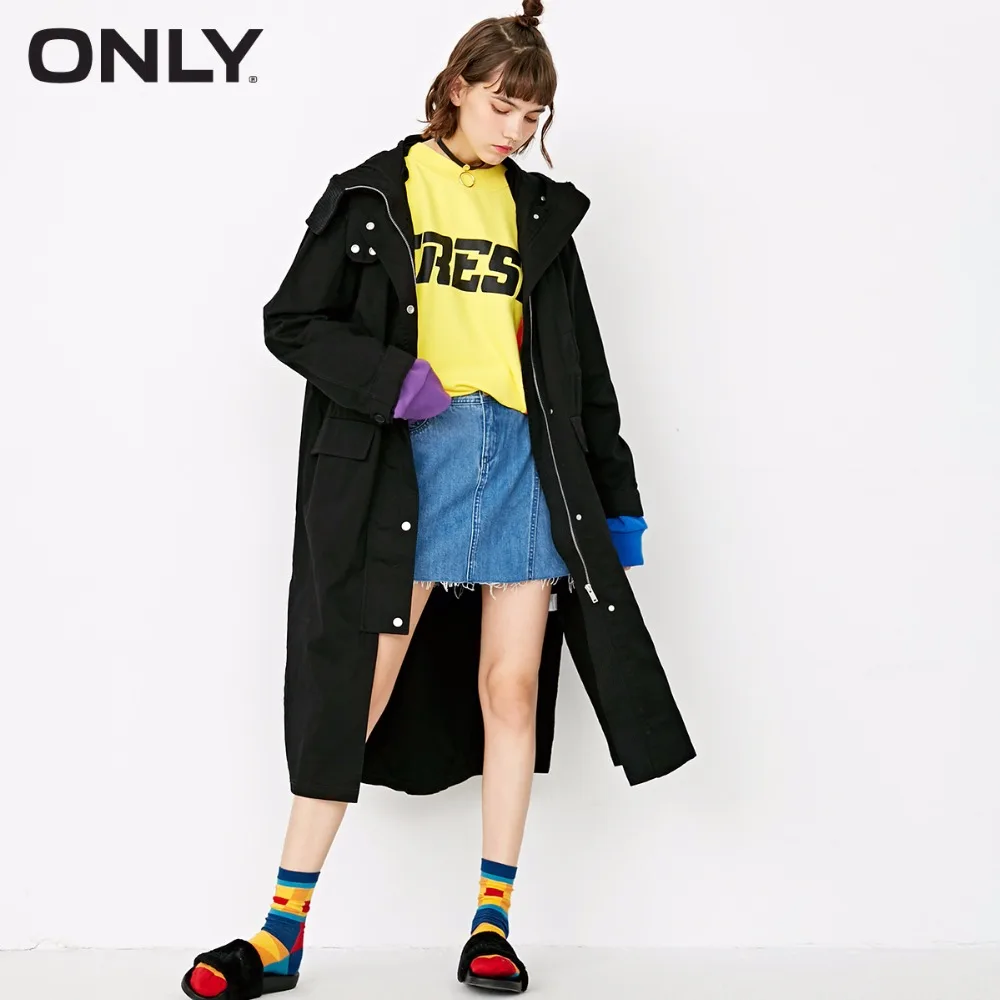 

ONLY 100% cotton split long hooded wind coat trench coat women windbreaker| 117336539