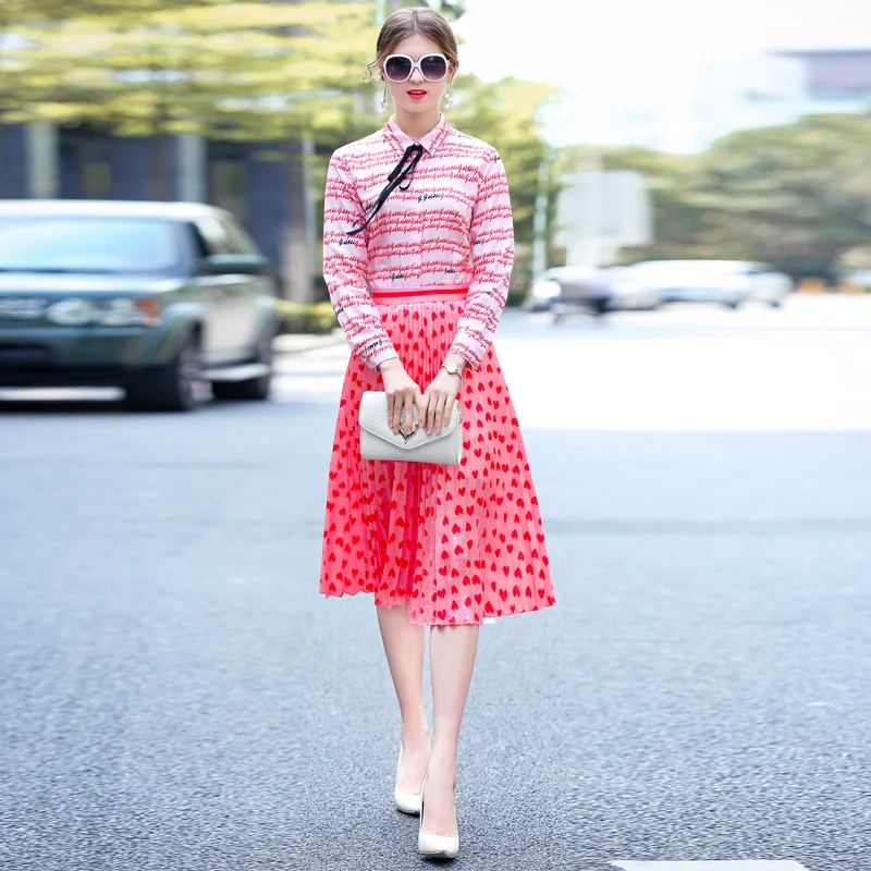 

New Fashion High Quality Milan Runway 2018 Spring Summer Party Boho Beach Pink Print Shirt Tops Pleated Half Skirt Women'S Sets