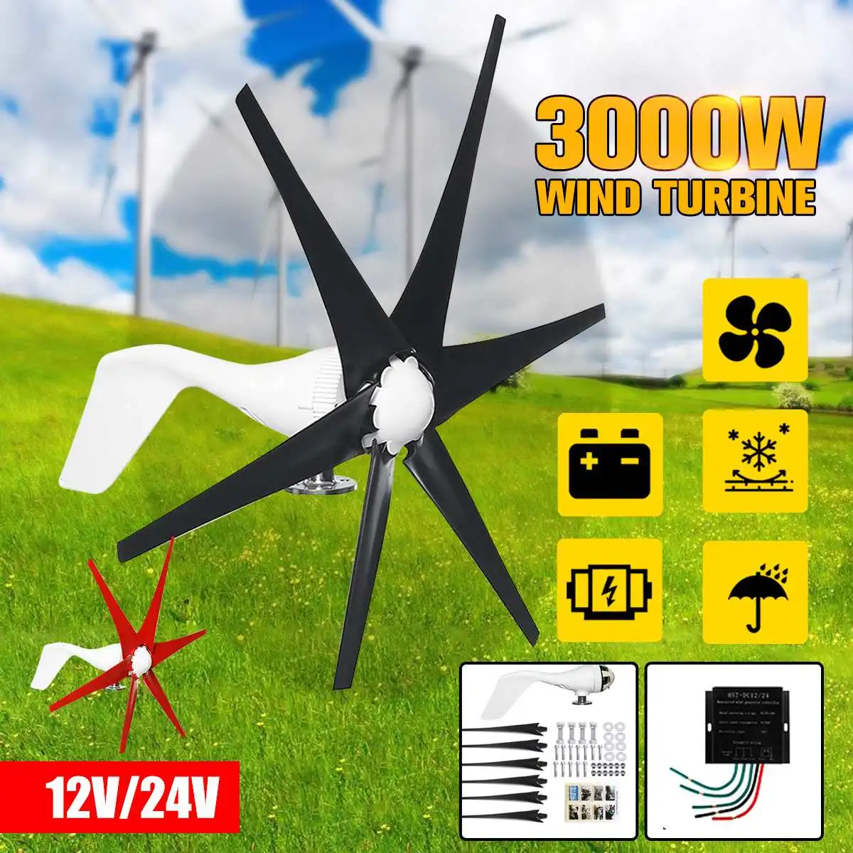 

Efficient 3000W 12/24V 6 Red Black Blades Option Wind Turbine Generator With Wind Controller Gift Fit for Home lights Or Camping