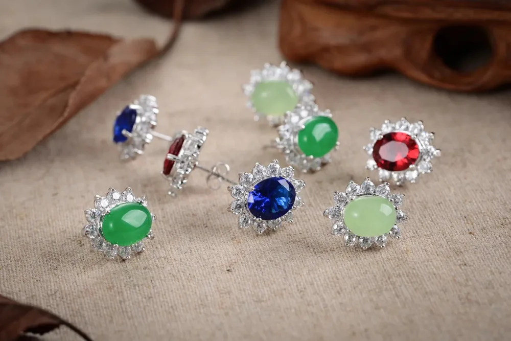 

earrings for sterling-silver-jewelry Studs Natural Green GEM Coin 925 Silver Marcasite Earrings valentine's gift