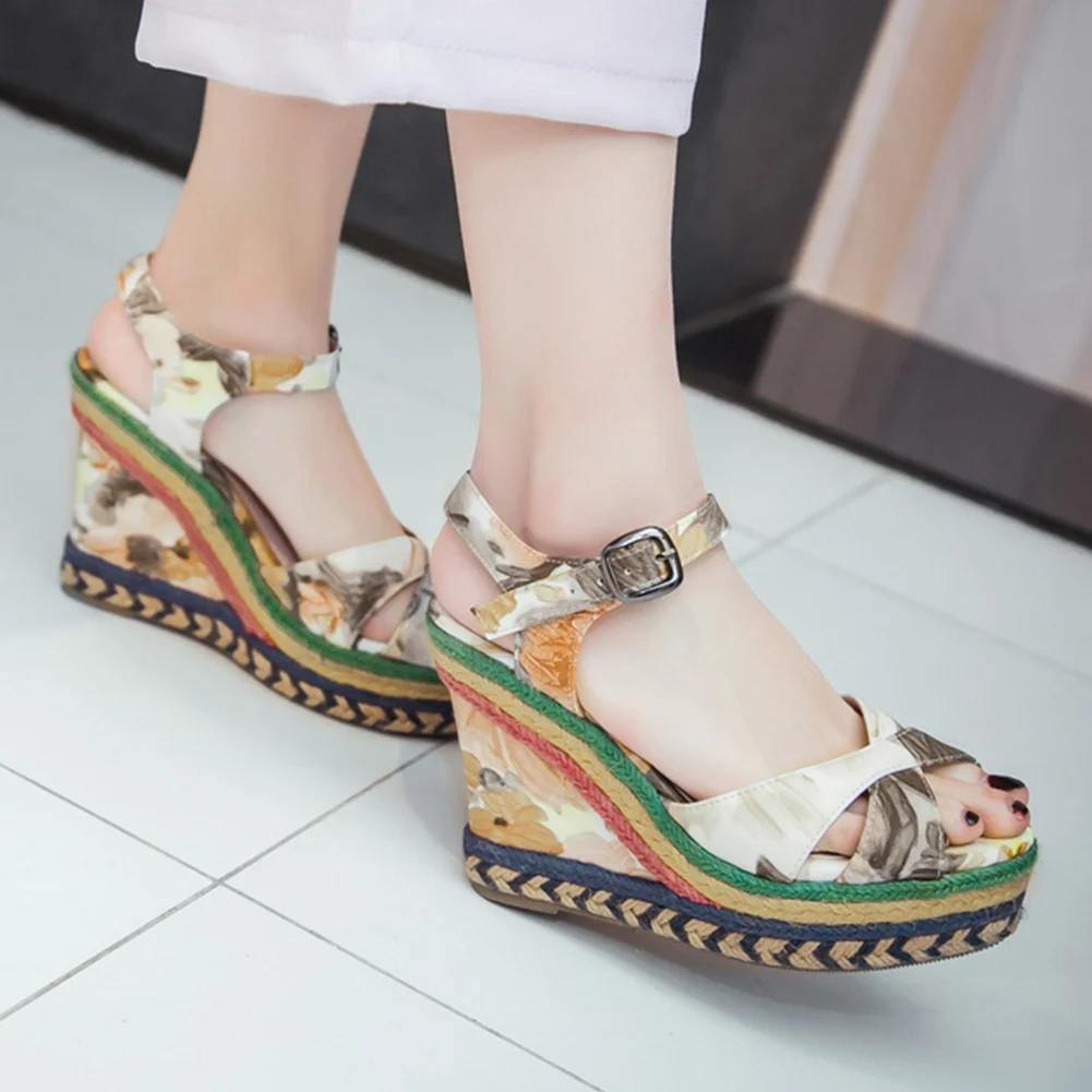 

INS Top Quality Print High Heels Wedges Sandals Woman Platform women's Sandals 2019 Leisure Plus Size 32-43 Wedges Shoes Woman
