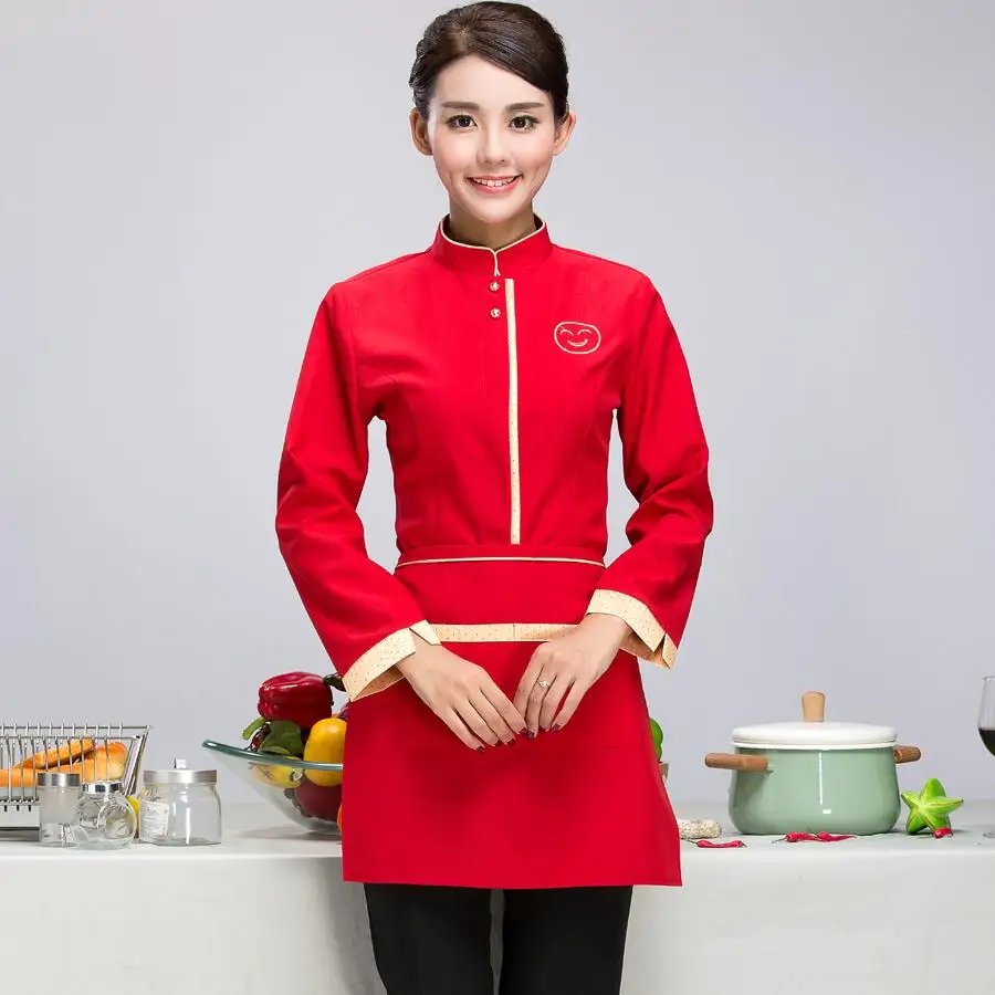 Индивидуальные Black Hotel равномерное Западный форма для официантов ресторана осень-зима с длинными рукавами китайский ресторан рабочая одежда 89 - Цвет: women red