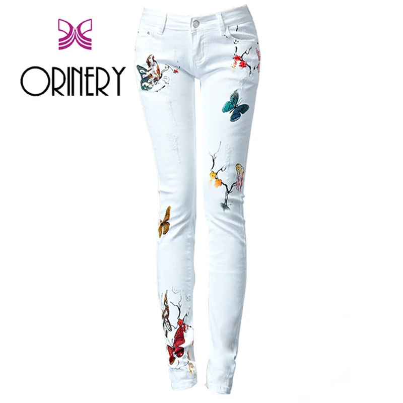 ORINERY 2018 новые дизайнерские джинсы Wowan высокое качество белый Рваные джинсы для Для женщин Мода бабочка печатных джинсовые брюки