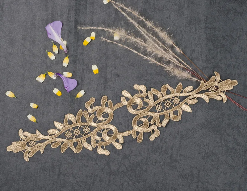 

1PC 38.5x9.6cm Gold Lace Applique Headwear Flower Lady Motif Venise Lace Trim Wedding Dress Garment Accessories