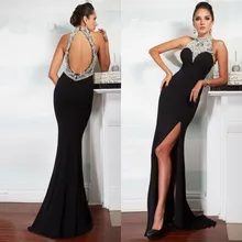 Schwarz Chiffon Mermaid Abendkleid High Neck Silber Perlen Pailletten Backless Pivot Hochzeits-party Guest Abendkleid