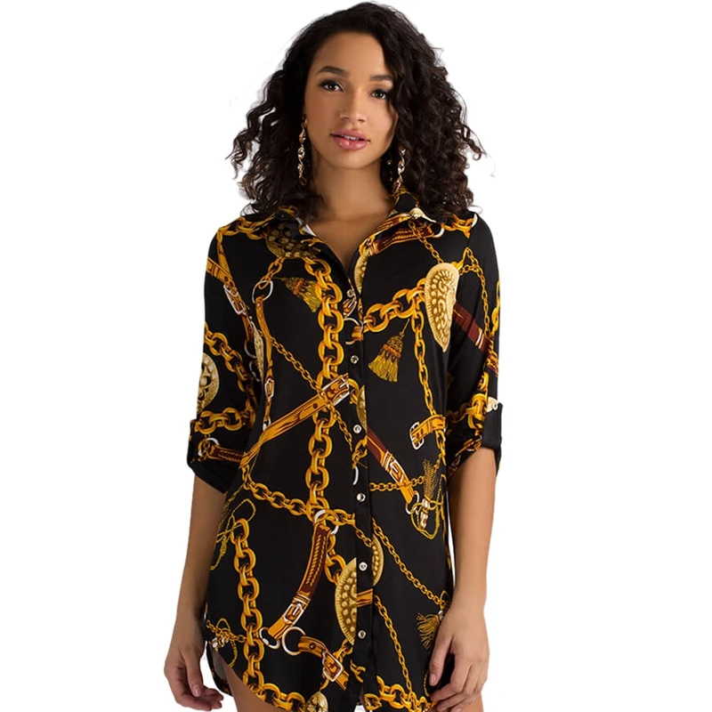 

Fashion Middle Sleeve Chain Print Women Blouse Dress And Tops Lapel Lace-Up Button Summer Shirt Casual Tops Short Dress