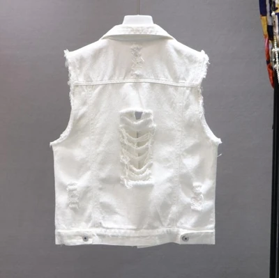 Летние джинсы жилет Femmes белоснежный письмо отверстия жилет Для женщин весна дикий джинсовая куртка жилет Мода Chalecos Para Mujer - Цвет: White Hole Vest