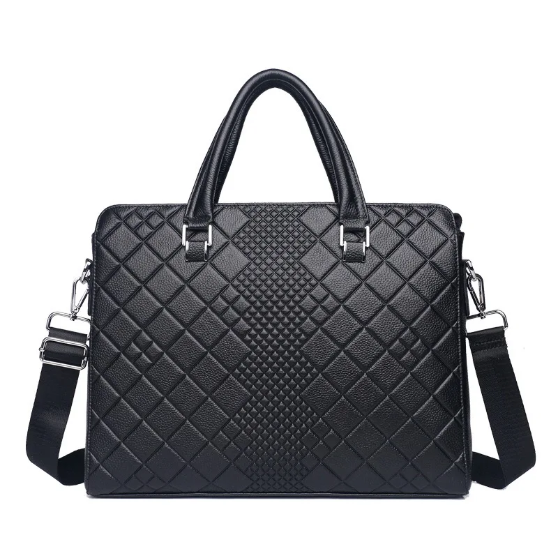 

2019 New Men Split Leather Handbag Zipper Men Business Polyester Two Silt Pocket Soft Handle cowhide Ribbed Briefcases Bags