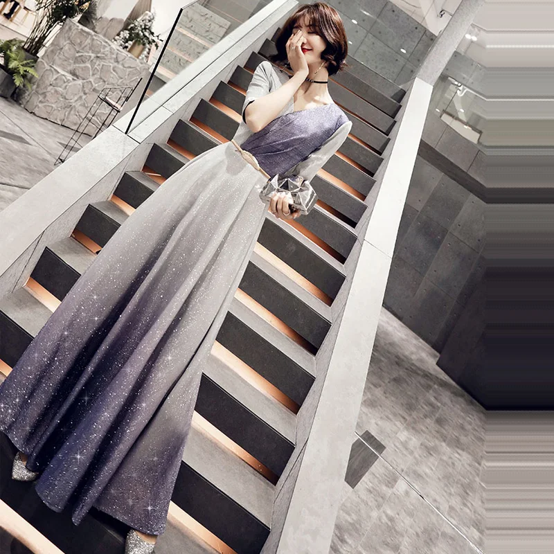 It's Yiiyya Evening Dress Elegant Slim Women Party Dress V-neck Robe De Soiree Long Plus Size Half-sleeve Prom Dresses E549