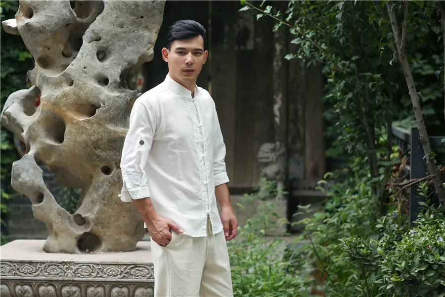 Летняя мужская рубашка в китайском народном стиле в стиле ретро из чистого льна, мужские рубашки, мужская рубашка