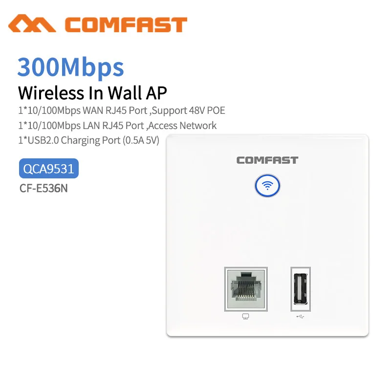 Comfast CF-E536N беспроводная точка доступа, 300 Мбит/с Крытый стены WiFi AP, RJ45+ USB клиент стены AP, IEEE 802.11n/g/b PoE, PPTP, L2TP