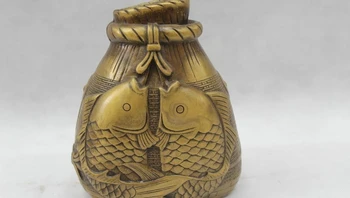 

7"Chinese Folk Pure Bronze Wealth Lucky Excellent Two Carp boy Pot basket