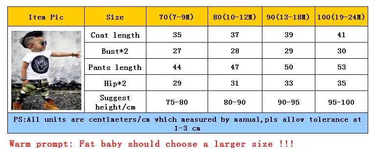 Стильные комплекты верхней одежды для маленьких мальчиков футболка с рокерским жестом для маленьких мальчиков+ камуфляжные штаны в комплекте Одежды BCS187
