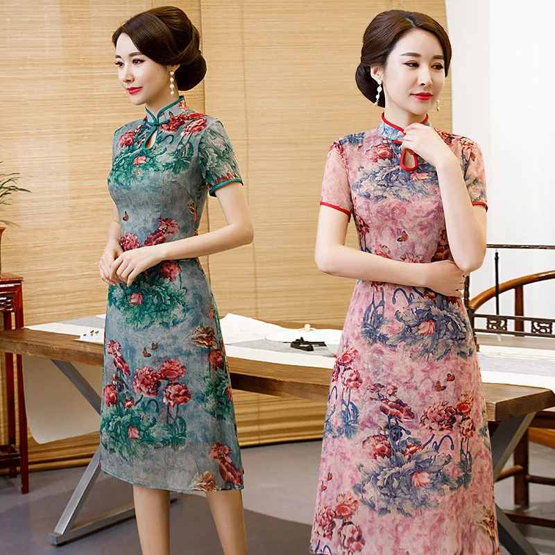 2019 лето новый женский шифон Cheongsam классический воротник-стойка Qipao улучшенное ТРАПЕЦИЕВИДНОЕ длинное платье Большой размер XXXL леди Vestidos