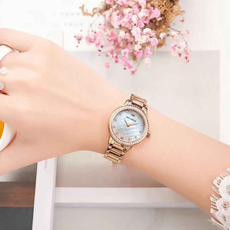 MINI FOCUS Women's Simple Dress Quartz Watches Luxury Stainless Steel Wristwatch Waterproof Relogios Lady Woman Clock 0226L Rose