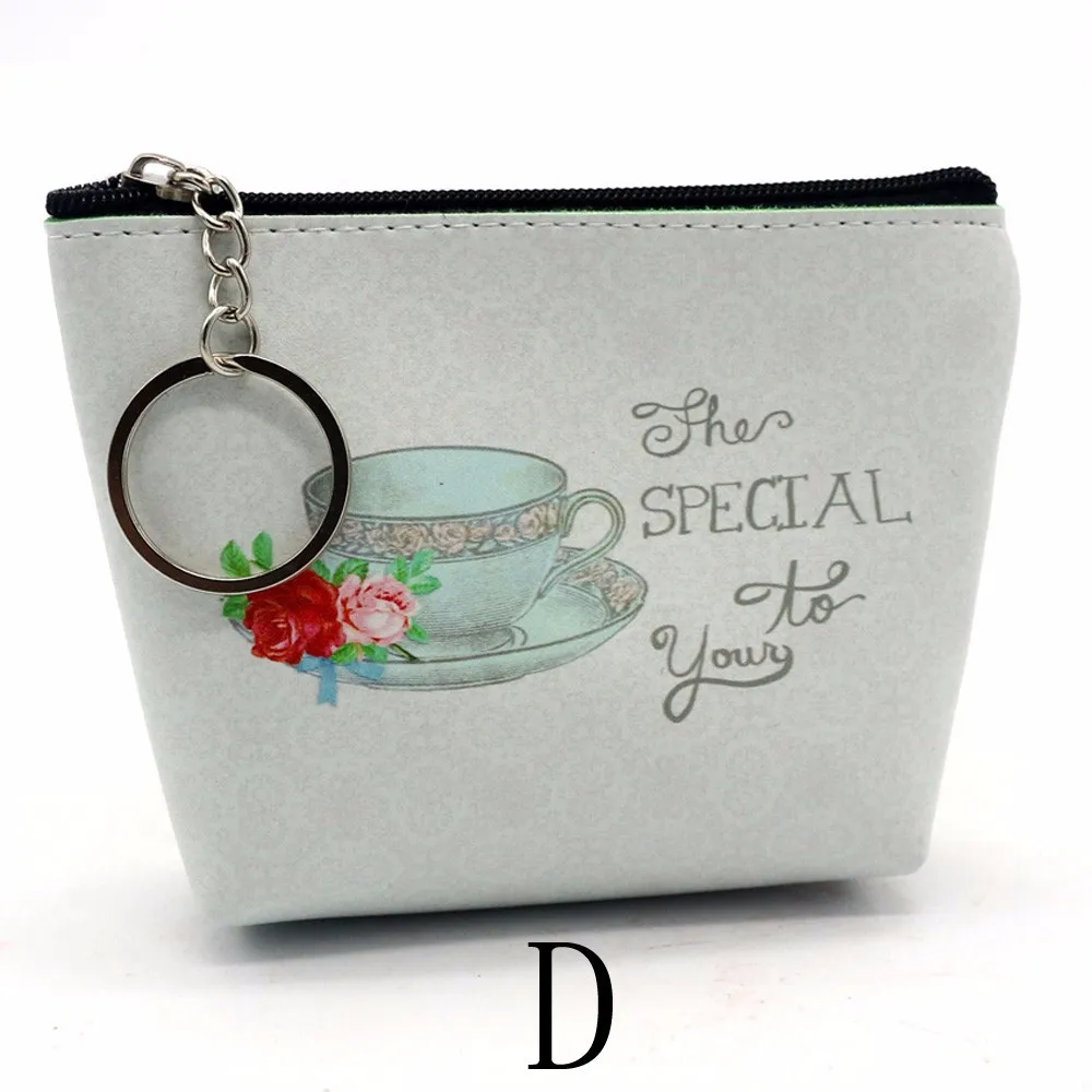 Короткая сумка-кошелек женская чайный набор с принтом портмоне квадратная сумочка из искусственной кожи на молнии Кошелек+ брелок - Цвет: D