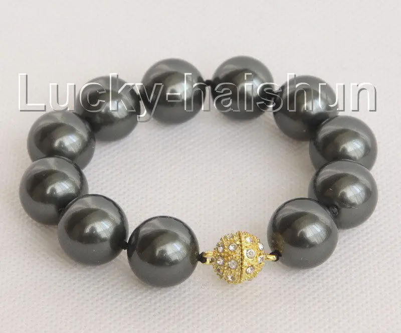 

fast shipping>8" 16mm round black south sea shell pearls Bracelet magnet clasp j10444