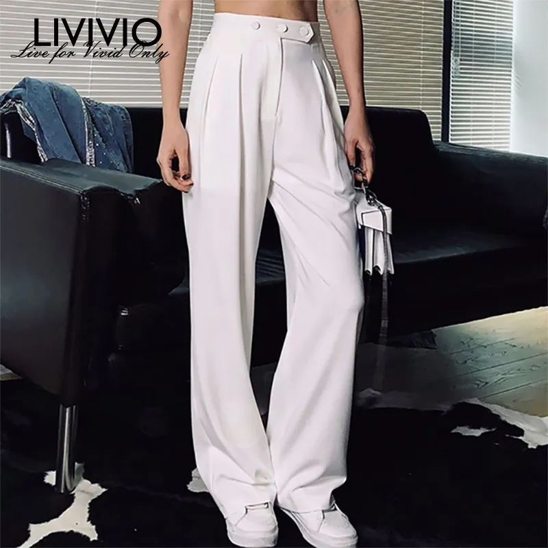 

[LIVIVIO] Casual Solid Women Trousers High Waist Big Size White Wide Leg Pants Female Spring 2019 Fashion Clothing New