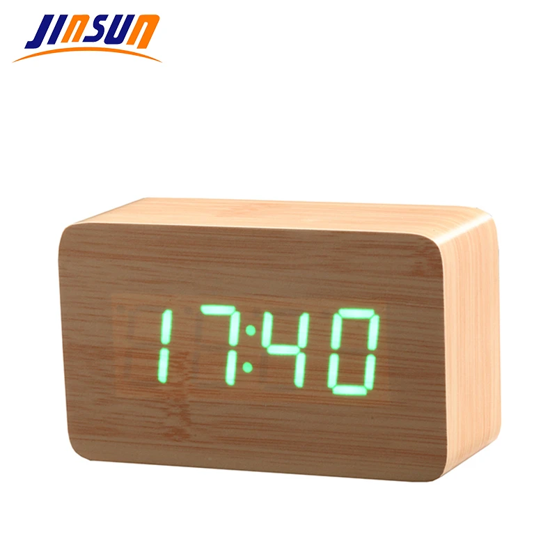 

JINSUN Modern Wood Clock Led Display Digital Alarm Clock Single Face Bamboo Show Temp Time Sound Control