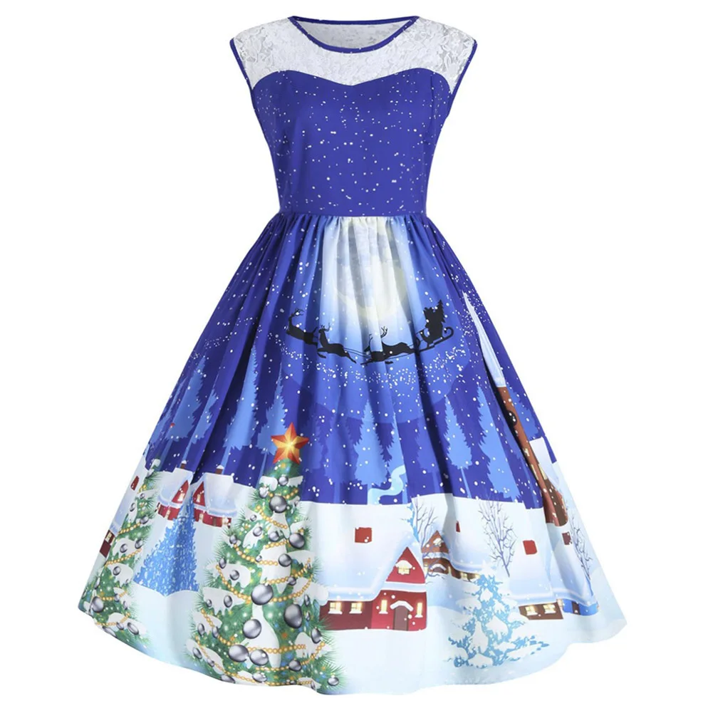 Новые рождественские костюмы для женщин, милое платье Санта-Клауса для девочек, рождественские платья с изображениями оленей без рукавов - Цвет: Синий